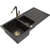 Mexen Andres granite kitchen sink 1.5-bowl with drainer and Flora kitchen faucet, black/gold - 6515-75-670401-57-G