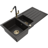 Mexen Andres granite sink 1.5-bowl with drainer and Flora kitchen faucet, black/gold - 6515-75-670401-57-G