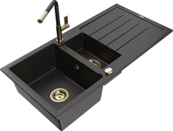 Mexen Andres granite kitchen sink 1.5-bowl with drainer and Flora kitchen faucet, black/gold - 6515-75-670401-57-G