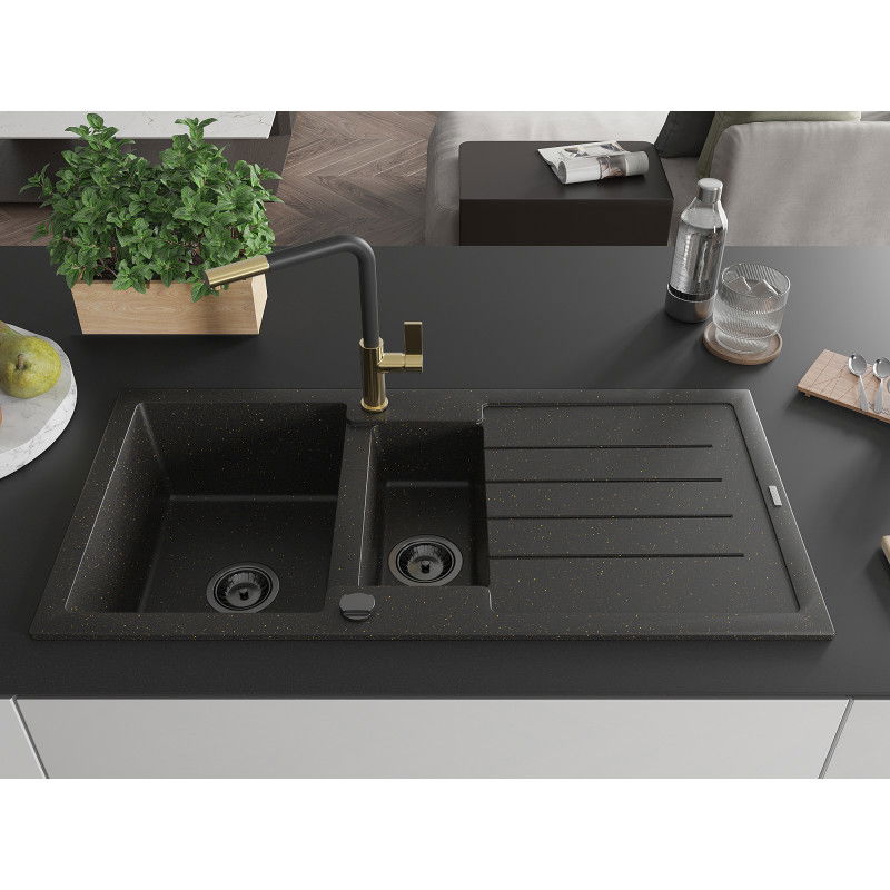 Mexen Andres granite sink 1.5-bowl with drainer and Flora kitchen tap, black/gold - 6515-75-670401-57-B