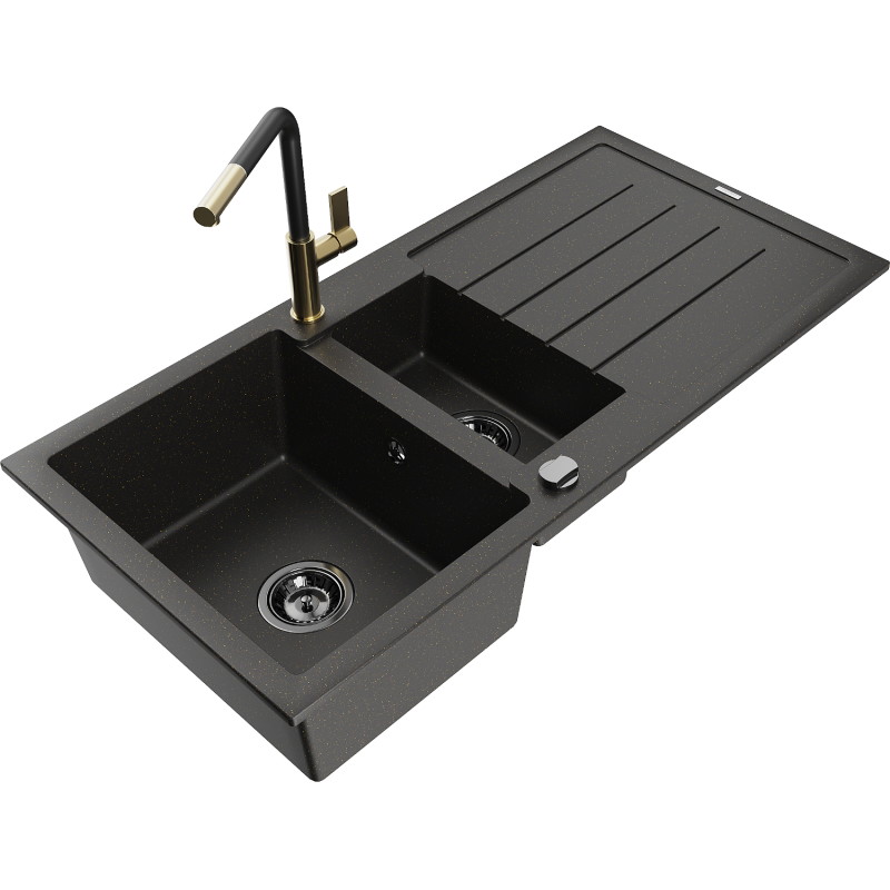 Mexen Andres 1.5-Bowl Granite Sink with Drainer and Flora Kitchen Faucet, Black/Gold - 6515-75-670401-57-B