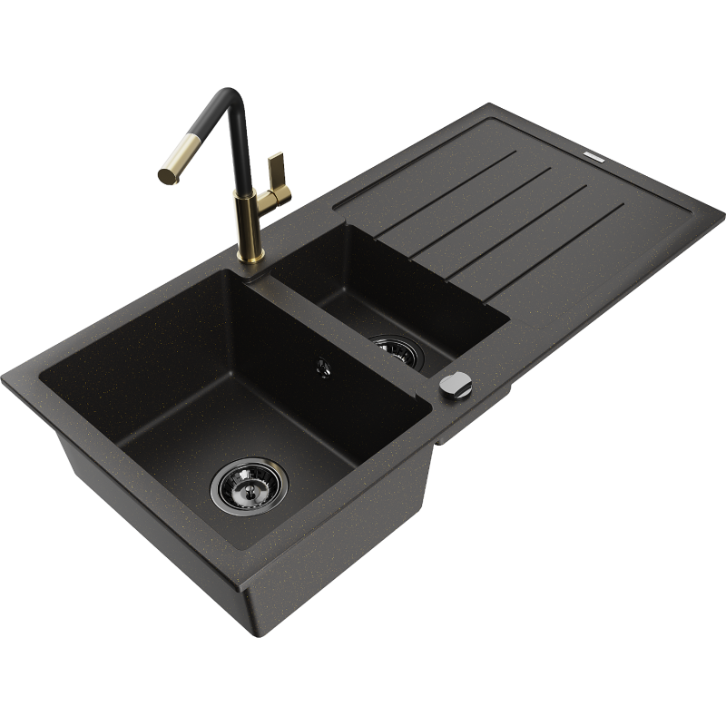 Mexen Andres 1.5-compartment granite sink with a drip tray and kitchen mixer tap Flora, Black/Gold - 6515-75-670401-57-B