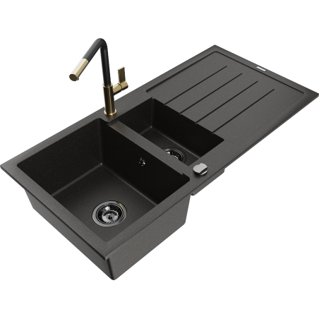 Mexen Andres 1.5-Bowl Granite Sink with Drainer and Flora Kitchen Faucet, Black/Gold - 6515-75-670401-57-B