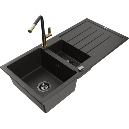 Mexen Andres 1.5-compartment granite sink with a drip tray and kitchen mixer tap Flora, Black/Gold - 6515-75-670401-57-B