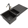 Mexen Andres 1.5-Bowl Granite Sink with Drainer and Flora Kitchen Faucet, Black/Gold - 6515-75-670401-57-B