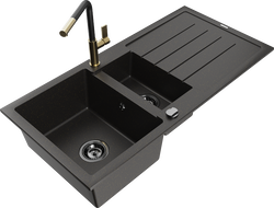 Mexen Andres 1.5-Bowl Granite Sink with Drainer and Flora Kitchen Faucet, Black/Gold - 6515-75-670401-57-B