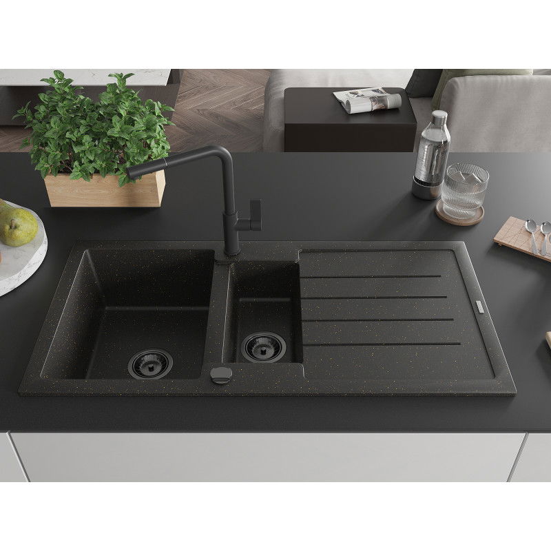 Mexen Andres 1.5-bowl granite sink with drainer and Flora kitchen tap, black/gold - 6515-75-670401-70-B