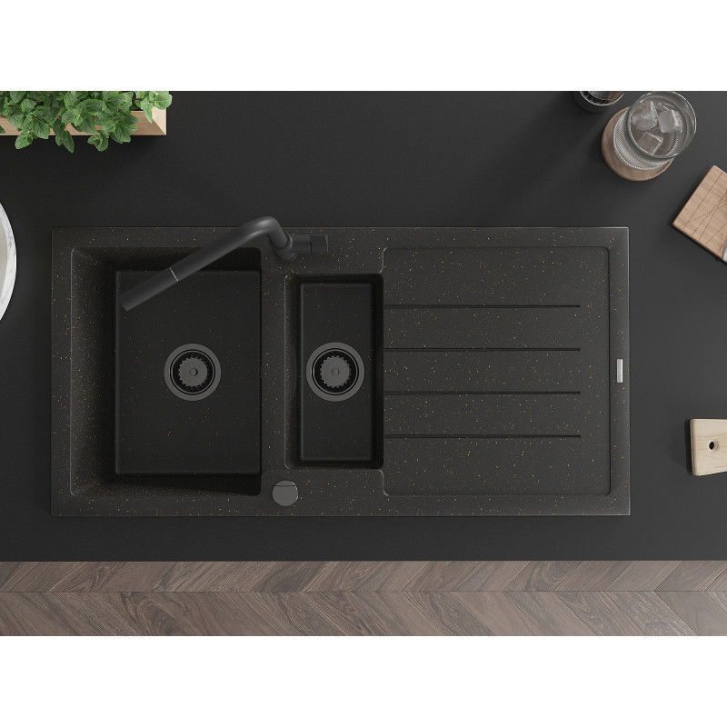 Mexen Andres 1.5-bowl granite sink with drainer and Flora kitchen tap, black/gold - 6515-75-670401-70-B