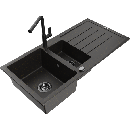 Mexen Andres 1.5-compartment granite sink with a drip tray and kitchen mixer tap Flora, Black/Gold - 6515-75-670401-70-B