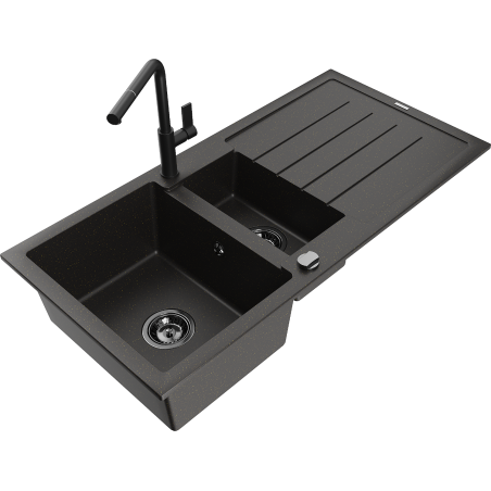 Mexen Andres granite sink 1.5-bowl with drainer and Flora kitchen faucet, black/gold - 6515-75-670401-70-B