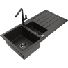 Mexen Andres 1.5-compartment granite sink with a drip tray and kitchen mixer tap Flora, Black/Gold - 6515-75-670401-70-B