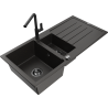 Mexen Andres granite sink 1.5-bowl with drainer and Flora kitchen faucet, black/gold - 6515-75-670401-70-B