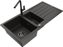 Mexen Andres granite sink 1.5-bowl with drainer and Flora kitchen faucet, black/gold - 6515-75-670401-70-B