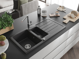 Mexen Andres granite sink 1.5-bowl with drainer and Flora kitchen faucet, black speckled - 6515-76-670401-00