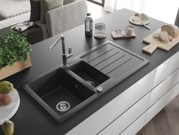 Mexen Andres granite sink 1.5-bowl with drainer and Flora kitchen faucet, speckled black - 6515-76-670401-00