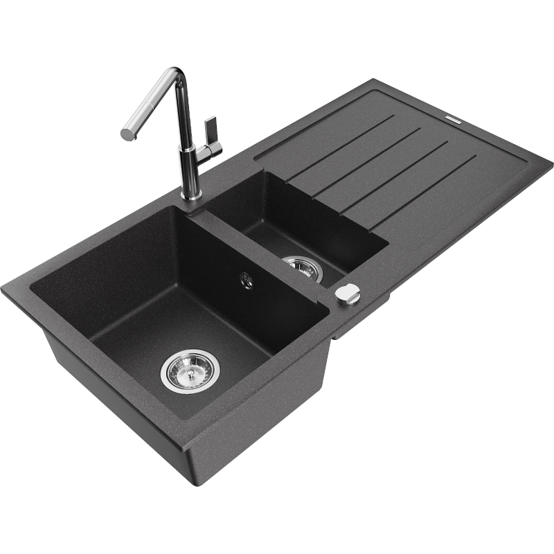Mexen Andres 1.5-compartment granite sink with a drip tray and kitchen mixer tap Flora, spotted black - 6515-76-670401-00