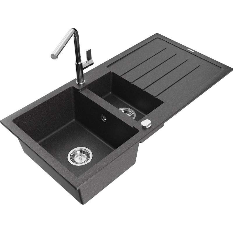 Mexen Andres granite sink 1.5-bowl with drainer and Flora kitchen faucet, speckled black - 6515-76-670401-00