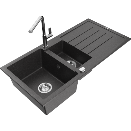 Mexen Andres granite sink 1.5-bowl with drainer and Flora kitchen faucet, black speckled - 6515-76-670401-00