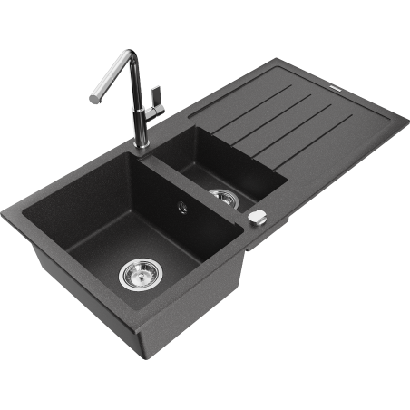 Mexen Andres granite sink 1.5-bowl with drainer and Flora kitchen tap, black speckled - 6515-76-670401-00