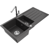 Mexen Andres granite sink 1.5-bowl with drainer and Flora kitchen faucet, speckled black - 6515-76-670401-00