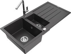 Mexen Andres granite sink 1.5-bowl with drainer and Flora kitchen faucet, black speckled - 6515-76-670401-00