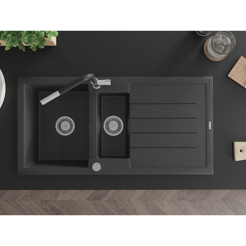Mexen Andres granite sink 1.5-bowl with drainer and Flora kitchen faucet, black speckled - 6515-76-670401-07