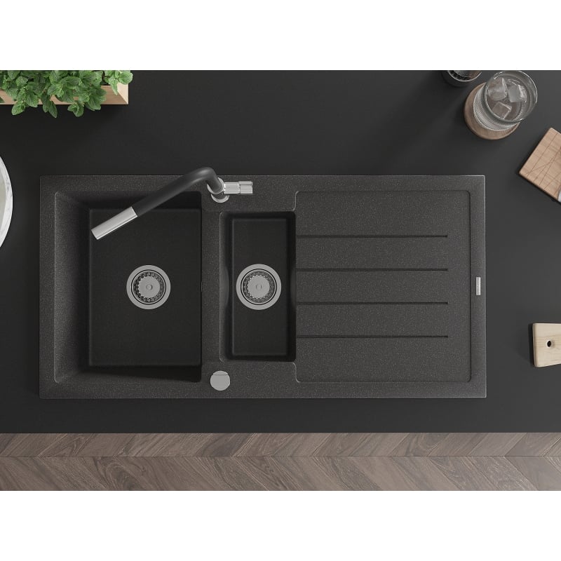 Mexen Andres granite sink 1.5-bowl with drainer and Flora kitchen faucet, speckled black - 6515-76-670401-07