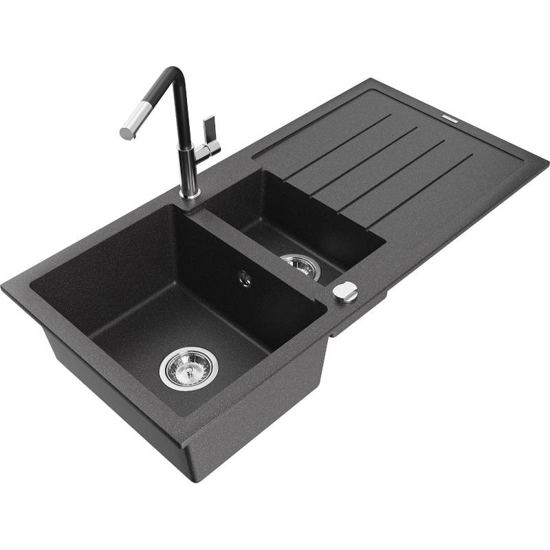 Mexen Andres 1.5-compartment granite sink with a drip tray and kitchen mixer tap Flora, spotted black - 6515-76-670401-07