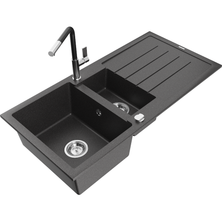 Mexen Andres 1.5-compartment granite sink with a drip tray and kitchen mixer tap Flora, spotted black - 6515-76-670401-07