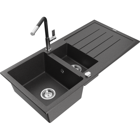 Mexen Andres granite sink 1.5-bowl with drainer and Flora kitchen faucet, speckled black - 6515-76-670401-07