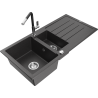 Mexen Andres granite sink 1.5-bowl with drainer and Flora kitchen faucet, black speckled - 6515-76-670401-07