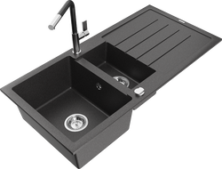 Mexen Andres granite sink 1.5-bowl with drainer and Flora kitchen faucet, speckled black - 6515-76-670401-07