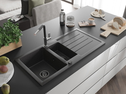 Mexen Andres granite sink 1.5-bowl with drainer and Flora kitchen faucet, speckled black - 6515-76-670401-07-B