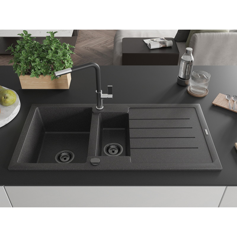 Mexen Andres granite sink 1.5-bowl with drainer and Flora kitchen faucet, speckled black - 6515-76-670401-07-B