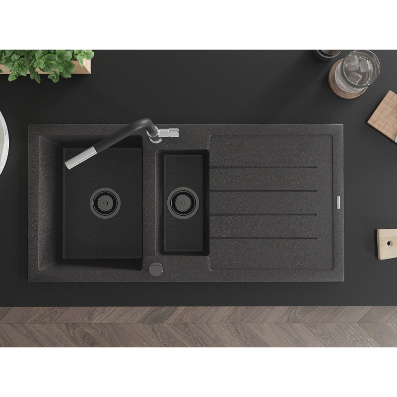 Mexen Andres granite sink 1.5-bowl with drainer and Flora kitchen faucet, black speckled - 6515-76-670401-07-B