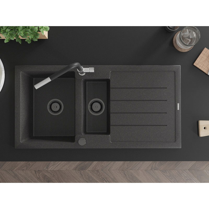 Mexen Andres granite sink 1.5-bowl with drainer and Flora kitchen tap, speckled black - 6515-76-670401-07-B