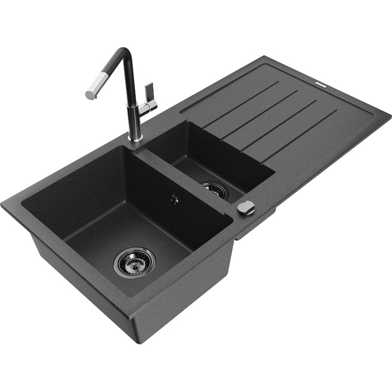 Mexen Andres granite sink 1.5-bowl with drainer and Flora kitchen faucet, speckled black - 6515-76-670401-07-B