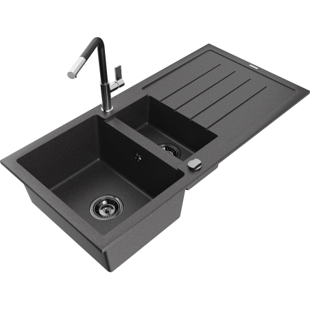Mexen Andres granite sink 1.5-bowl with drainer and Flora kitchen faucet, speckled black - 6515-76-670401-07-B