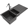 Mexen Andres granite sink 1.5-bowl with drainer and Flora kitchen faucet, black speckled - 6515-76-670401-07-B
