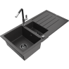 Mexen Andres granite sink 1.5-bowl with drainer and Flora kitchen faucet, speckled black - 6515-76-670401-07-B