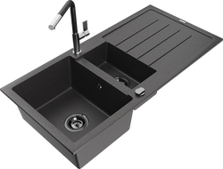 Mexen Andres granite sink 1.5-bowl with drainer and Flora kitchen faucet, speckled black - 6515-76-670401-07-B