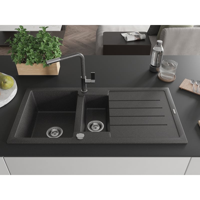 Mexen Andres granite sink 1.5-bowl with drainer and Flora kitchen faucet, black speckled - 6515-76-670401-08
