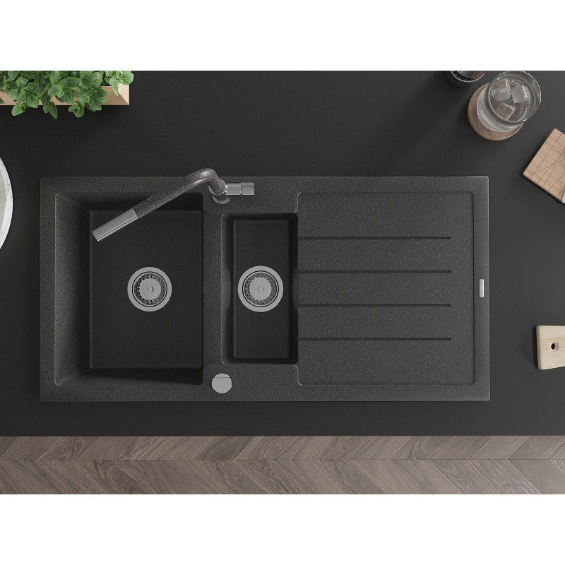 Mexen Andres 1.5-bowl granite kitchen sink with drainer and Flora kitchen tap, speckled black - 6515-76-670401-08