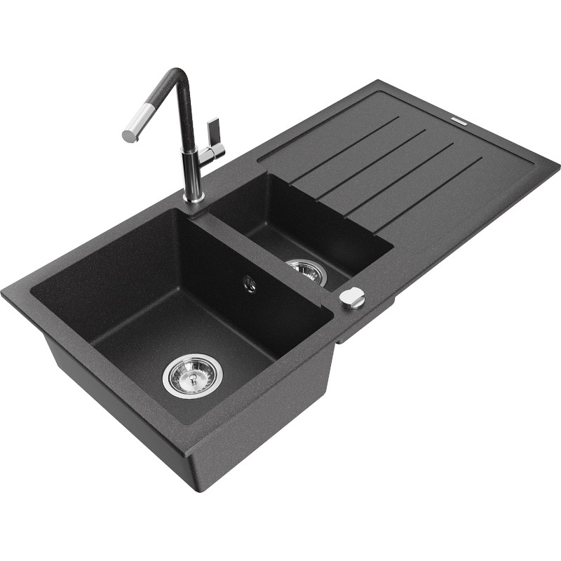 Mexen Andres granite sink 1.5-bowl with drainer and Flora kitchen faucet, black speckled - 6515-76-670401-08