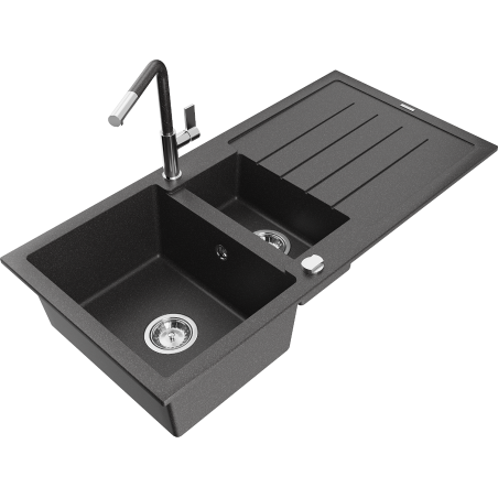 Mexen Andres granite sink 1.5-bowl with drainer and Flora kitchen faucet, black speckled - 6515-76-670401-08