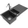 Mexen Andres 1.5-bowl granite sink with drainer and Flora kitchen faucet, speckled black - 6515-76-670401-08
