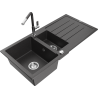 Mexen Andres granite sink 1.5-bowl with drainer and Flora kitchen faucet, black speckled - 6515-76-670401-08