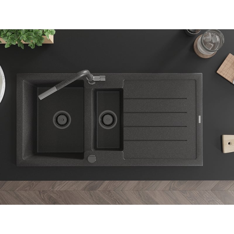 Mexen Andres granite sink 1.5-bowl with drainer and Flora kitchen faucet, black speckled - 6515-76-670401-08-B