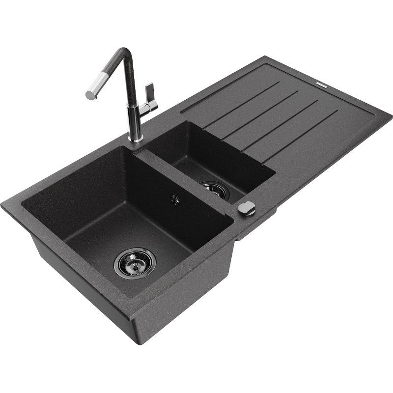 Mexen Andres 1.5-compartment granite sink with a drip tray and kitchen mixer tap Flora, spotted black - 6515-76-670401-08-B