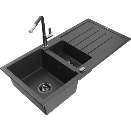Mexen Andres granite sink 1.5-bowl with drainer and Flora kitchen faucet, speckled black - 6515-76-670401-08-B